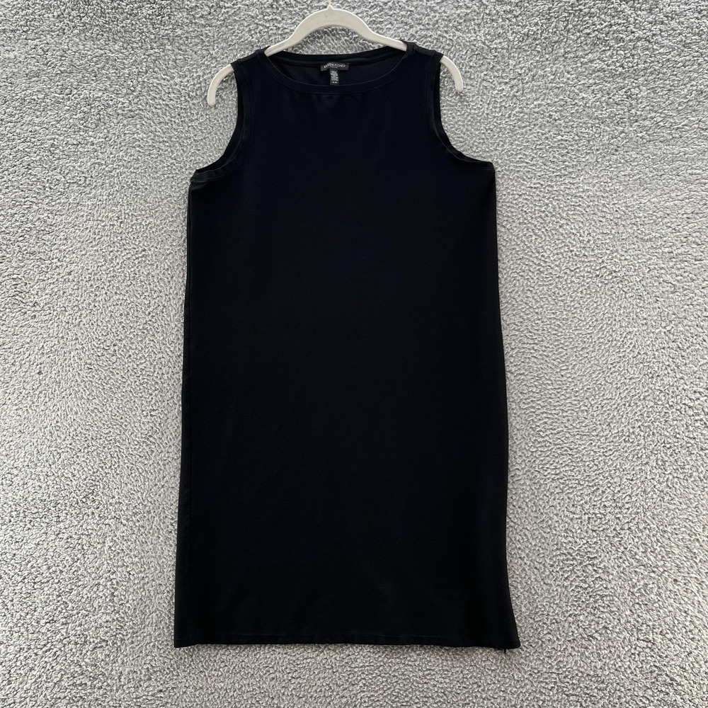 Eileen Fisher Dress Petite Large Black Sleeveless Crepe Tank Zip Side Slit Layer